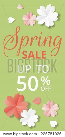 Spring Sale Banner. Paper Flowers On Green Background In Origami Stale