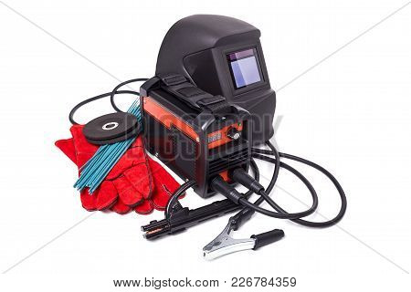 Inverter Welding Machine, Welding Equipment Isolated On A White Background, Welding Mask, Leather Gl