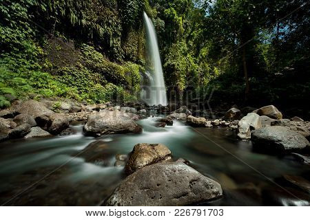 Sendang Gile Waterfall Is A Stunning Waterfall On Lombok, Indonesia. Long Exposure Photography.