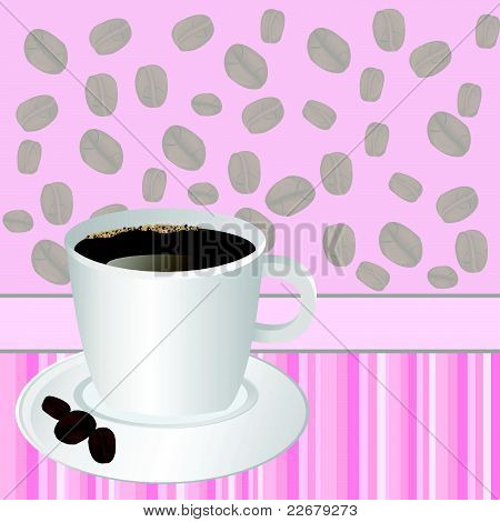 杯のコーヒーをピンクのストライプの背景