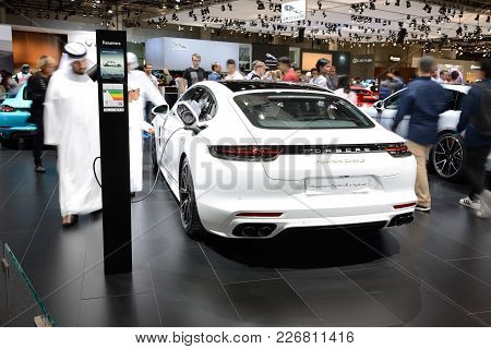 Dubai, Uae - November 17: The Porsche Panamera Turbo S E-hybrid Car Is On Dubai Motor Show 2017 On N