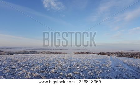 Amazing Deep Blue Sky With Cirrus Feather-shaped Clouds Over Dry Grassland - Nature Background. Cirr