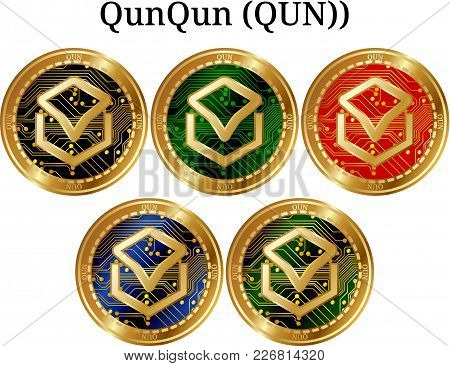 Set Of Physical Golden Coin Qunqun (qun), Digital Cryptocurrency. Qunqun (qun) Icon Set. Vector Illu