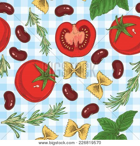 Seamless Vector Pasta, Beans, Herbs And Tomatoes Seamless Pattern On A Light Blue Plaid Background