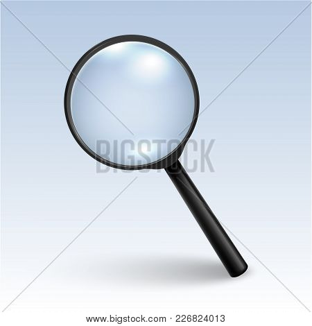 Photo-realistic Vector 3d Black Magnifying Glass Or Loup Icon Closeup On Table, Side View With Shado