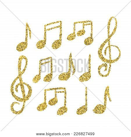 Vector Set Of Hand Drawn Golden Glitter Music Notes. Cartoon Music Note Icon.