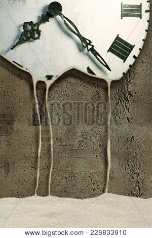 Old vintage watches turn into sand, concept of transience of time, collage