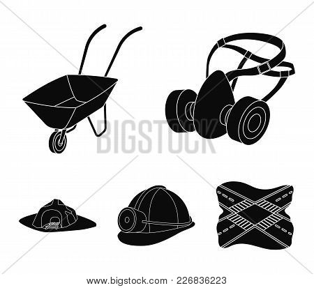 Headphones And Raspirator, Wheelbarrow, Helmet With A Lantern, The Entrance To The Mine.mining Indus