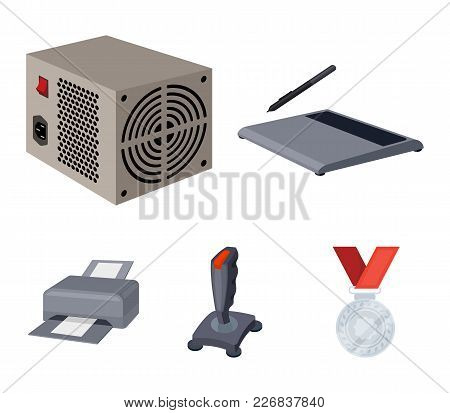 Power Unit, Dzhostik And Other Equipment. Personal Computer Set Collection Icons In Cartoon Style Ve