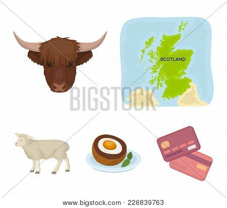 Territory On The Map, Bull's Head, Cow, Eggs. Scotland Country Set Collection Icons In Cartoon Style