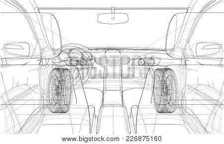 Sketch Of Car Interior. Vector Rendering Of 3d. Wire-frame Style. The Layers Of Visible And Invisibl