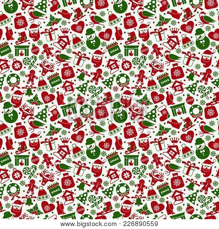 Christmas Seamless Pattern Of Flat Ney Years Icons.