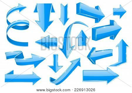 Blue Arrows Collection. Web 3d Shiny Icons. Vector Illustration Isolated On White Background