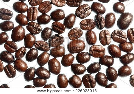 Isolate Coffee Beans, A Top View Closeup Photo Image Of Dark Roasted Coffee Beans Isolate On White B