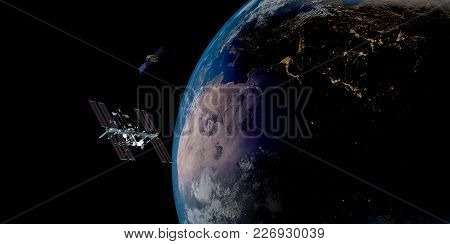 Extremely Detailed And Realistic High Resolution 3D Illustration Of A Satellite Orbiting Earth. Shot