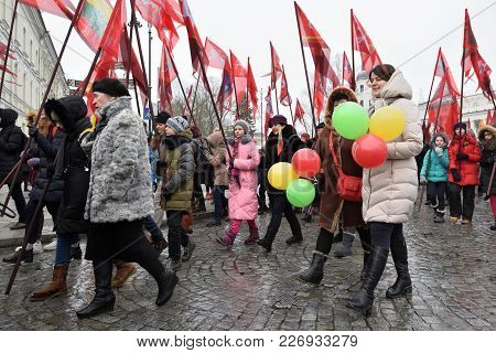 Vilnius, Lithuania - February 16: Unidentified People Gathered With Flags In A Natonal Celebration F