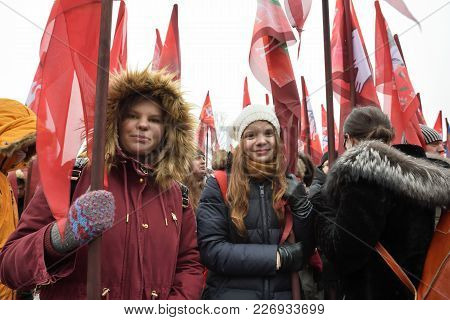 Vilnius, Lithuania - February 16: Unidentified People Gathered With Flags In A Natonal Celebration F
