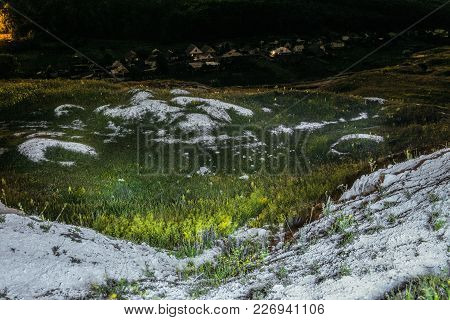 Ancient Cretaceous Overgrown Ravine With Outcrops Of Chalk. Night Landscape. Krapivnoe Village. Terr