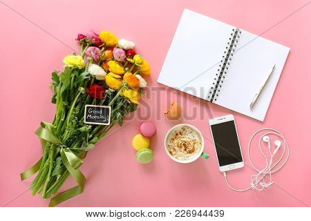 Festive Morning Buttercup Flowers Ranunculus With Note Good Morning, Cup Of Cappuccino, Cake Makaron