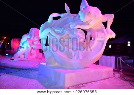 Breckenridge, Colorado, Usa: Jan 28, 2018: Time Snow Sculpture At Night By Team Mongolia 2018