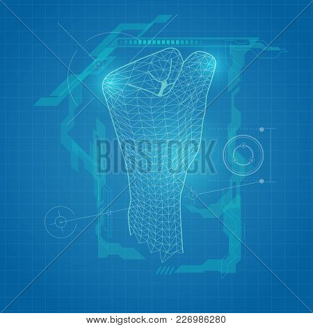 Abstract Futuristic Background, Wireframe Fist, Blueprint Technology, Digital Revolution