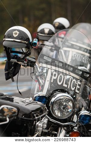 Buford, Ga - October 2017:  Unoccupied Police Motorcycles Are Lined Up In A Row, Before The Start Of