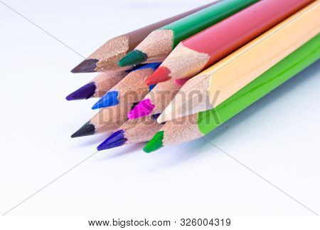 Crayons - Colored Pencil, Color Pencils, Close Up Macro Shot Of Color Pencil Pile Pencil Nibs, Used 