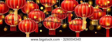 Garlands On Chinese Lanterns Or China Paper Lamps With Glowing, Asian Decoration With Bokeh For New 