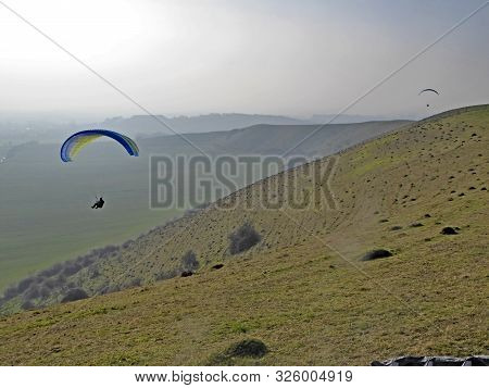 Paraglider On A Cloudy Day At Pandy, Wales
