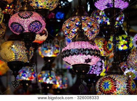 A Bunch Of Turkish Lamps At One Of Many Kemer Gift Shops. Antalya, Turkey.