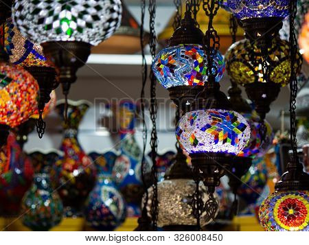 A Bunch Of Turkish Lamps At One Of Many Kemer Gift Shops. Antalya, Turkey.