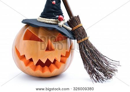 Pumpkin For Halloween Isolated On White Background. Jack Lantern Head Carved From Pumpkin For Hallow