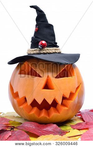 Pumpkin For Halloween Isolated On White Background. Jack Lantern Head Carved From Pumpkin For Hallow