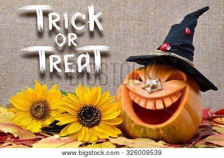 Pumpkin For Halloween Carved In The Shape Of A Smile. Jack Lantern Head Carved From Pumpkin For Hall