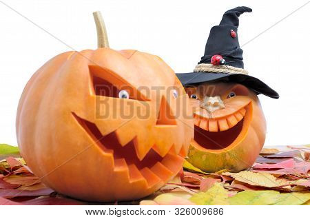 Pumpkin For Halloween Isolated On White Background. Jack Lantern Head Carved From Pumpkin For Hallow