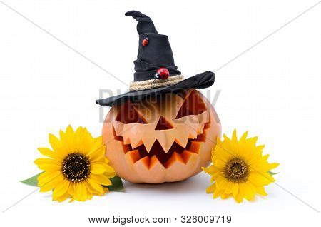 Pumpkin For Halloween Isolated On White Background. Jack Lantern Head Carved From Pumpkin For Hallow