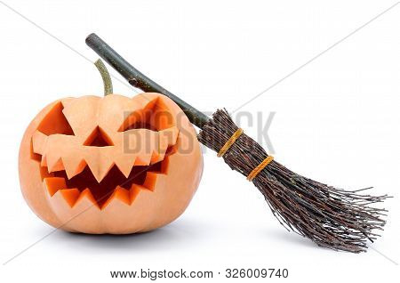 Pumpkin For Halloween Isolated On White Background. Jack Lantern Head Carved From Pumpkin For Hallow