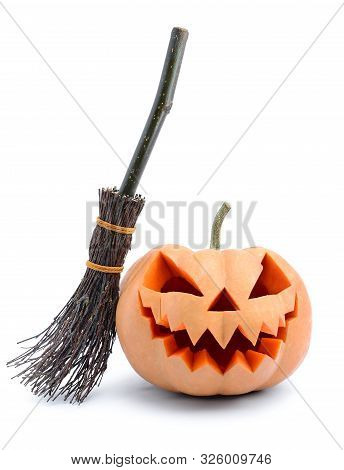 Pumpkin For Halloween Isolated On White Background. Jack Lantern Head Carved From Pumpkin For Hallow