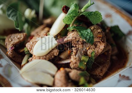 Spicy Pork Liver Salad (tub Wan) Is Thai Esan Food