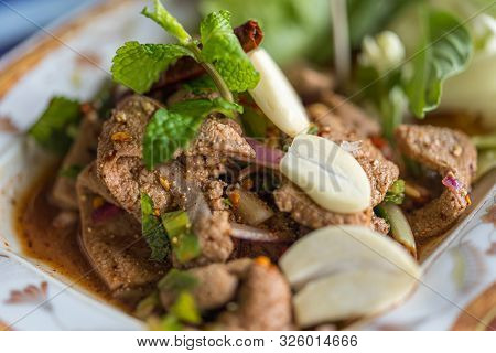 Spicy Pork Liver Salad (tub Wan) Is Thai Esan Food