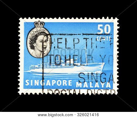 Cancelled Postage Stamp Printed By Singapore, That Shows Chusan Iii Liner Ship And Portrait Of Queen