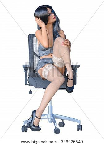 Long-haired Brunette Secretary In White Stocking.