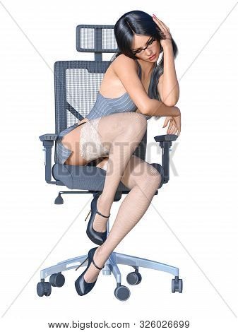 Long-haired Brunette Secretary In White Stocking.