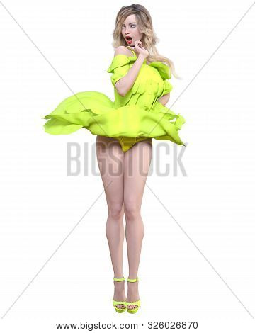 Beautiful Blonde Woman In Light Summer Waving Dress.