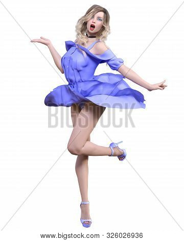 Beautiful Blonde Woman In Light Summer Waving Dress.