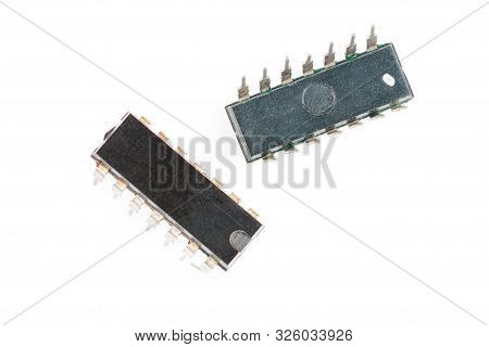 Electronic Components. Two Old Microchips Different Types. Macro Studio Shot Of Integrated Circuit C
