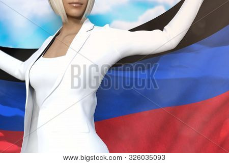 Young Business Lady Is Holding Donetsk Peoples Republic Flag In Her Hands Behind Her On The Blue Sky