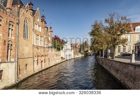 Classic Panoramic View Of The Historic City Center Of Brugge, Often Referred To As The Venice Of The