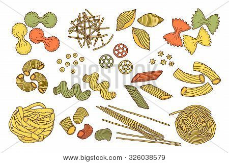 Collection Of Hand Drawn Pasta On White Background. Spaghetti In Doodle Style.