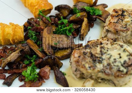 Roasted Tenderloin Cut With Fresh Mushrooms Of The Forest